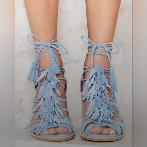 Jeffrey Campbell Blue Suede Tassel Linares Heels Sz 7.5 - Picture 2 of 9